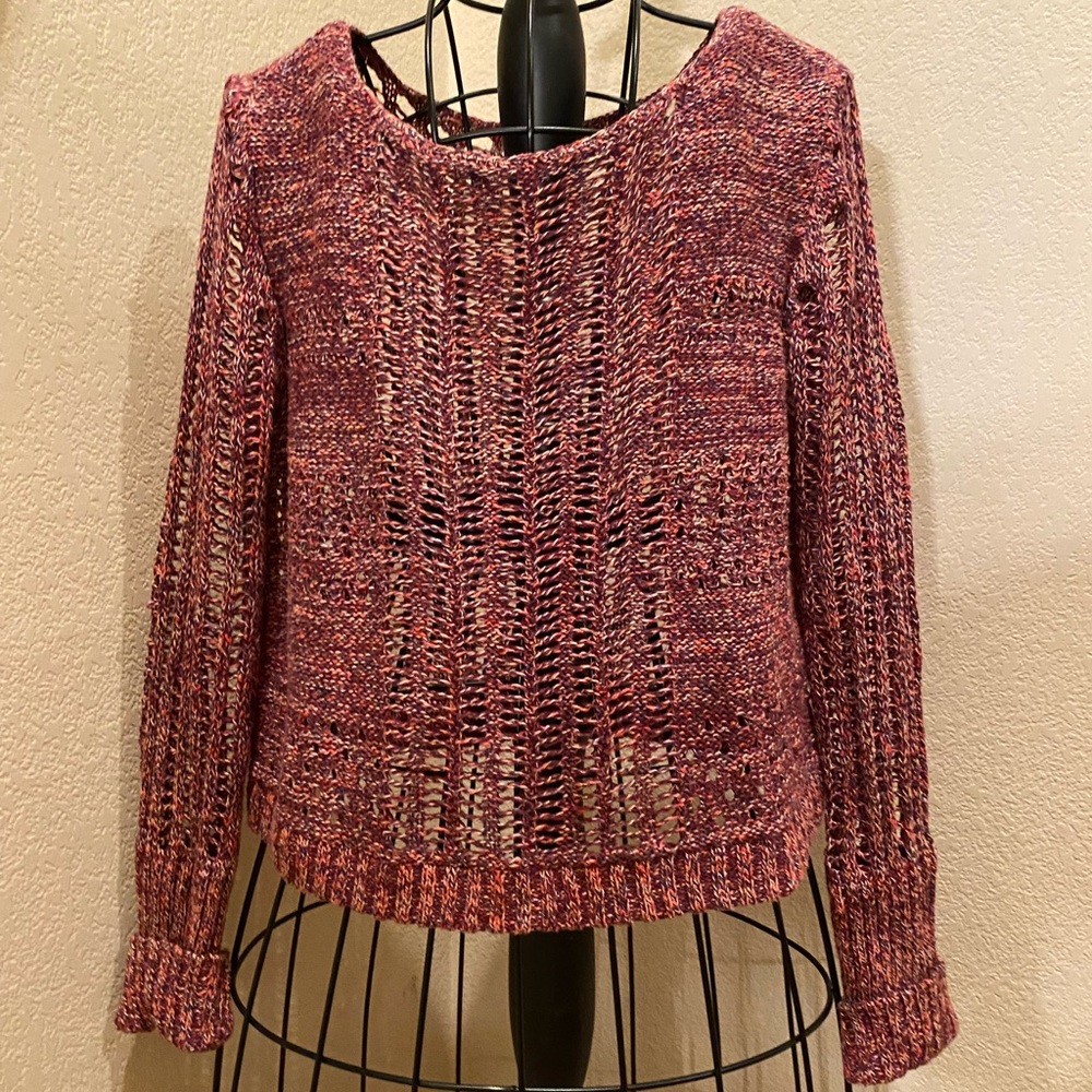 Free People Open Loose Stitch Knit Sweater Linen Cotton Blend Red Multicolor Sml